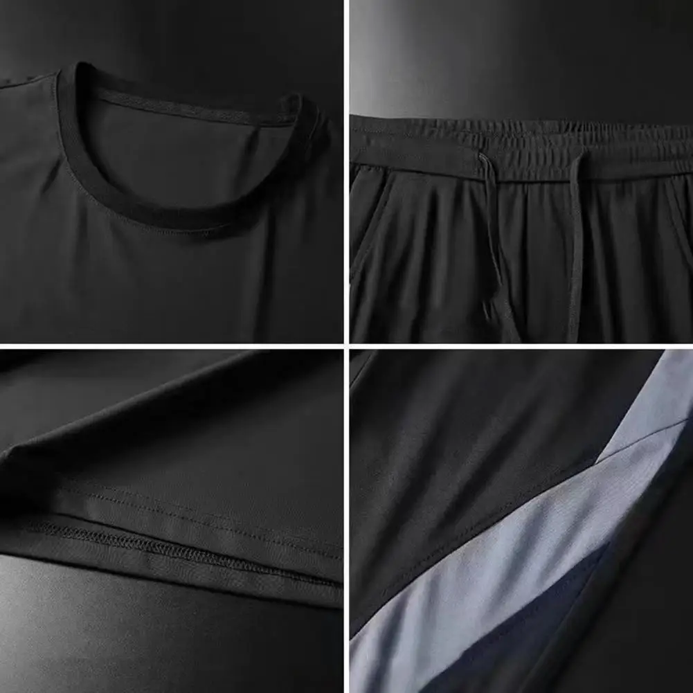 2 Pcs/Set O-Neck Short Sleeve Casual Outfit Elastic Waistband Drawstring Pockets Men Patchwork Color T-shirt Jogging Pants Set