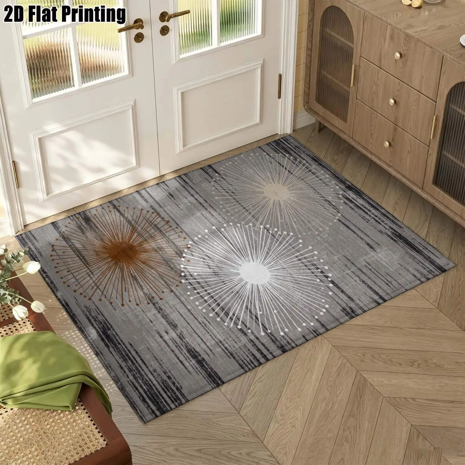 1Pc 2D Printed Gray-Brown Radial Starburst Pattern Carpet, Modern Simple Style, for Nordic Decor, Multi-Size, Machine Washable, for Entrance, Dining Room, Foyer, Bedroom, Study, Living Room