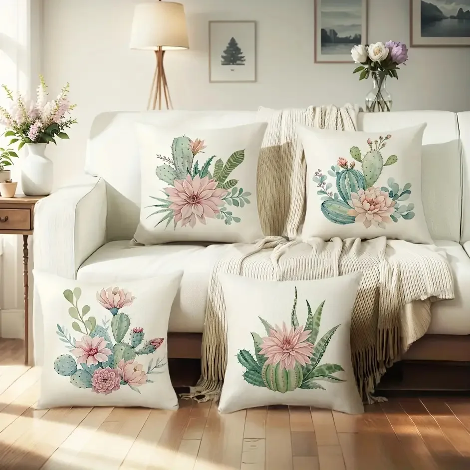 4pcs Tropical cactus flowers digital printing pillow cover Short plush Suitable living rooms bedrooms sofas throw cushion cover