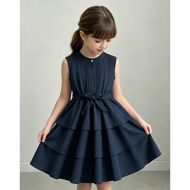 Girls 8-12 Fashion Dress, Solid Color Stand Collar Button A-Line Tiered Dress, Chic and Stylish for Daily Outings