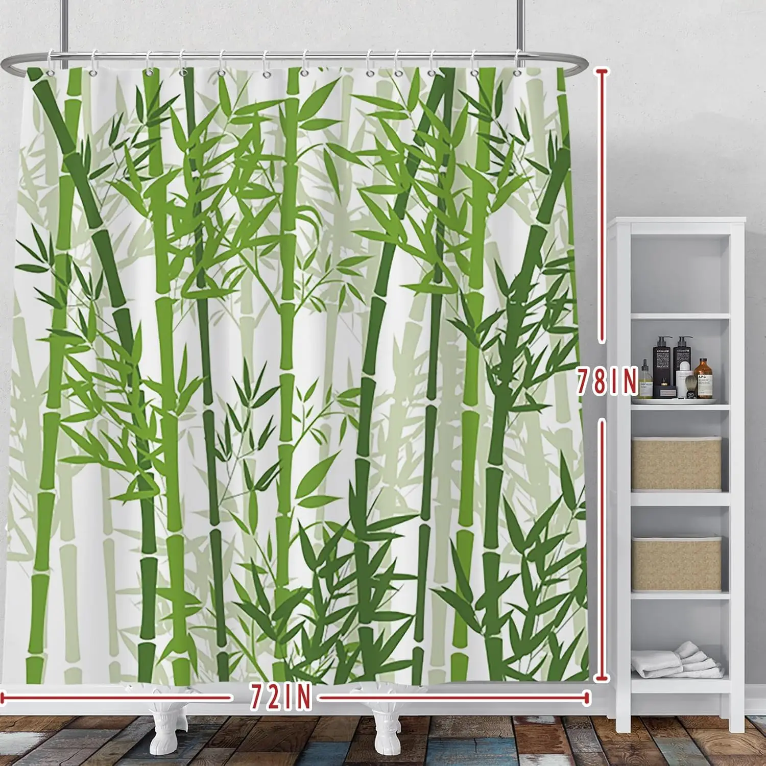 Watercolour Bamboo Shower Curtain Sets Sage Green Botanical Leaves Bath Curtains Shower with 12 Hooks Asian Art Meditation Zen
