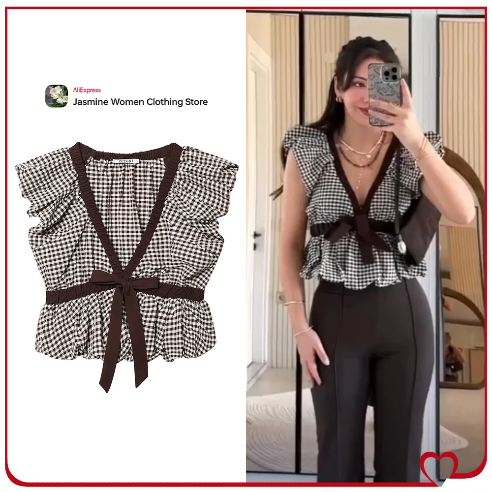 Elegant Chic Gingham Balloon Tie Tops for Women Summer V-neck Tops with Sleeveless Design Featuring Elastic and Puffed Finishes