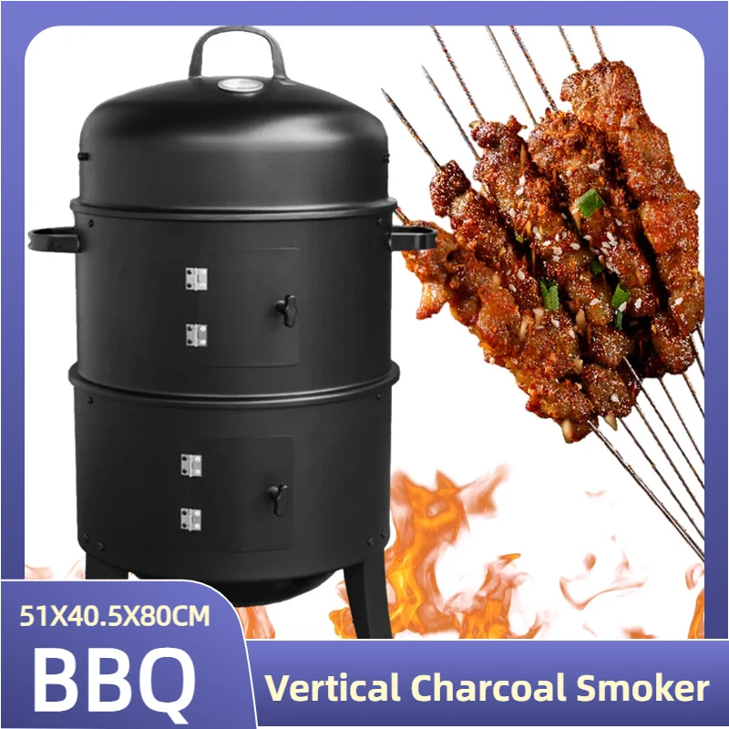 

Vertical Charcoal Smoker with Air Vent BBQ Smoker Grill 2 Access Doors 3-in-1 Portable Vertical Grill Cooker for Party Camping
