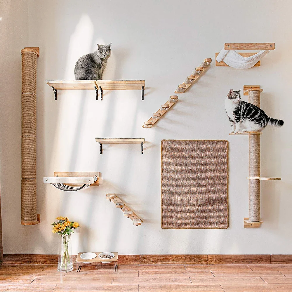 Hamaca de escalada para gatos, mueble de madera maciza montado en la pared, con poste de rascado, para actividades en interiores
