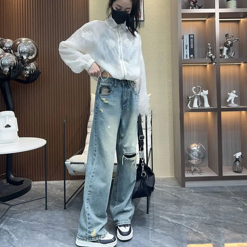

2025 Spring and Summer High-waisted Personality Beggar Ripped Floor Jeans for Women New Versatile Loose Slimming Wide-leg Pants