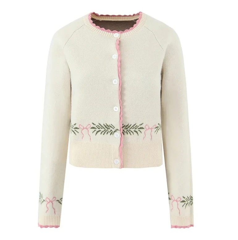 

Женское пальто, новая серия цвета слоновой кости с длинными рукавами, жаккардовый вязаный кардиган с кружевом и бантом, повседневная мода