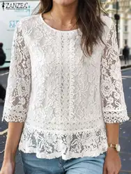 Bohemain Lace Crochet Blouse 2024 ZANZEA Autumn Women Patchwork Tops Tunic Elegant 3/4 Sleeve Work Blusas Stylish Holiday Shirt