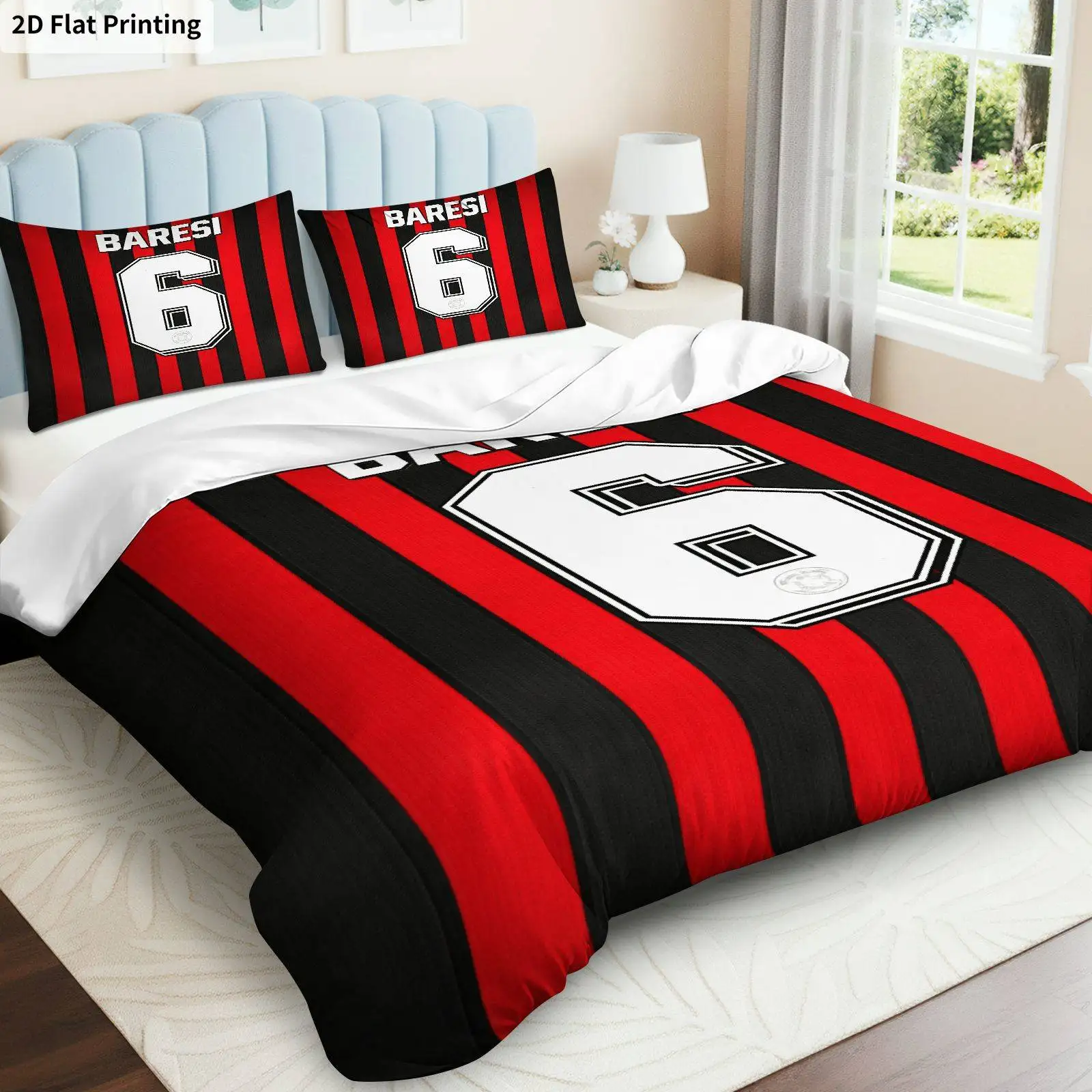 Customize 3pcs Duvet Cover, 1 Duvet+2 Pillowcases( Without Filler), Black Red Stripes Number Pattern Sports Theme, Holiday Beddi