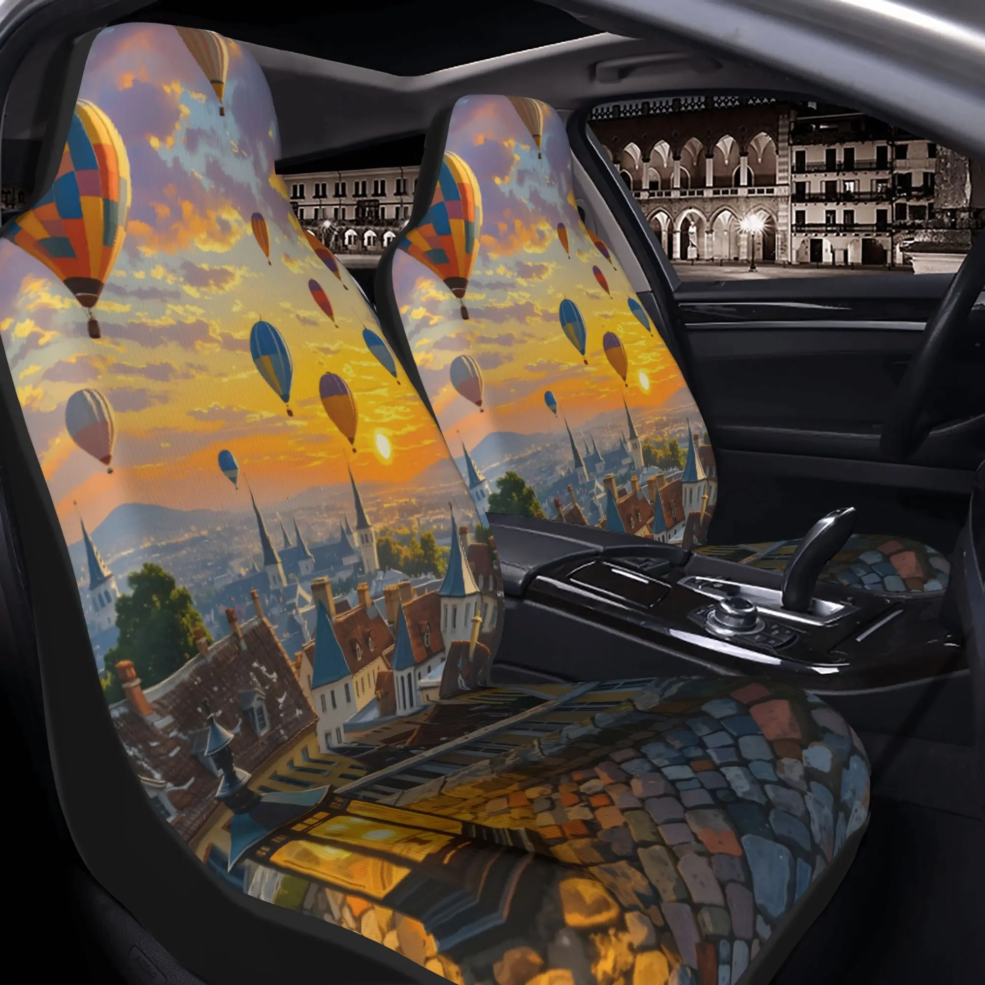 2pcs Sunset Over European Town With Colorful Hot Air Balloons Floating Above Rooftops Car Seat Covers | Suitable For SUVs Such A