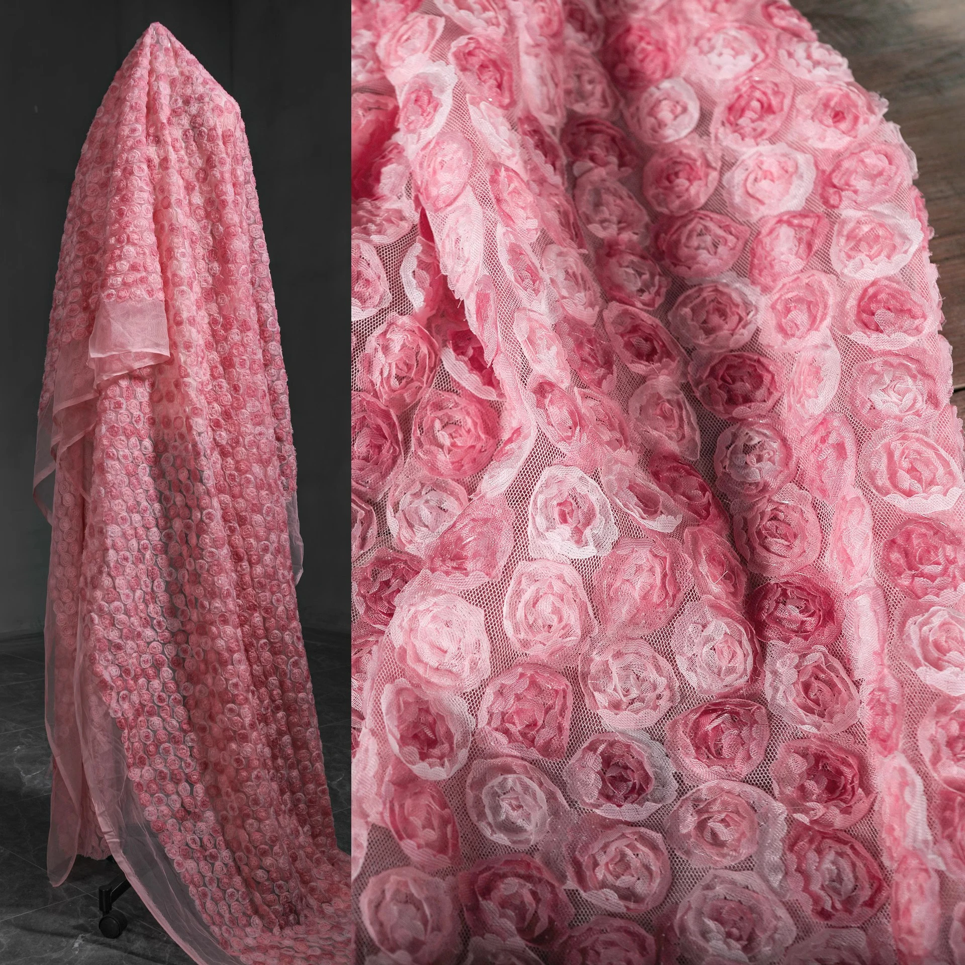 Pink rose three-dimensional flower mesh fabric Creative wedding dress skirt bag diy clothing designer fabric