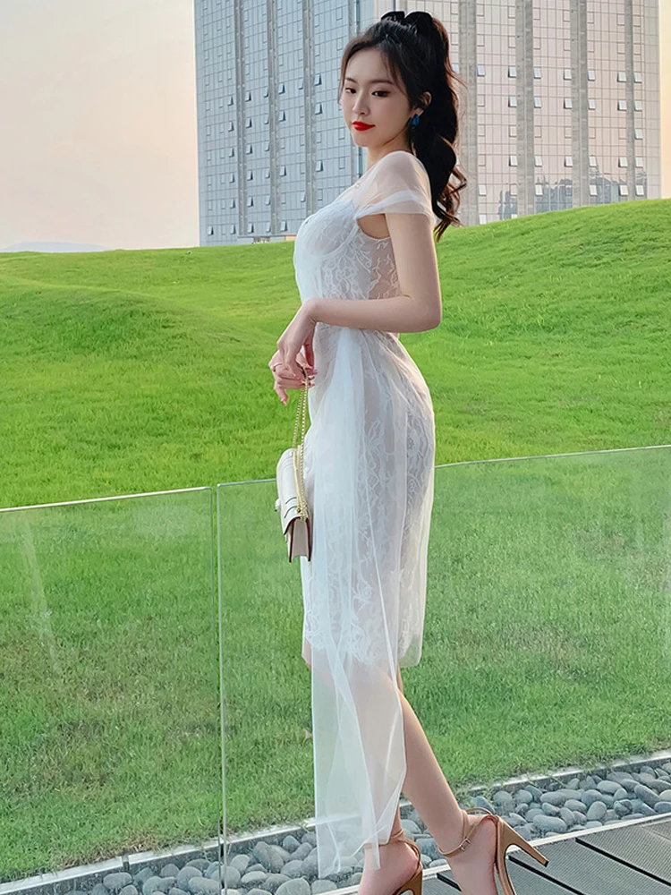 Elegant Vintage Party Dresses สําหรับผู้หญิงหวาน Chic Sheer ดูผ่านตาข่ายลูกไม้ Spliced ริบบิ้น Midi Robe วันที่ชุดราตรี Vestidos