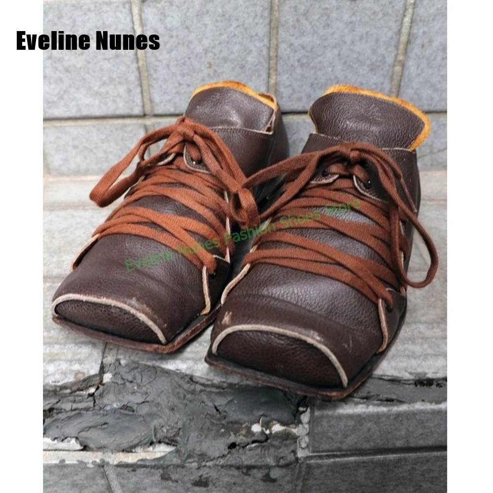 Women Avant Garde Square Toe Pumps Brown Distressed Leather Casual Shoes Crisscross Raw Edge Lace Up Gothic Footwear 2026 Trend