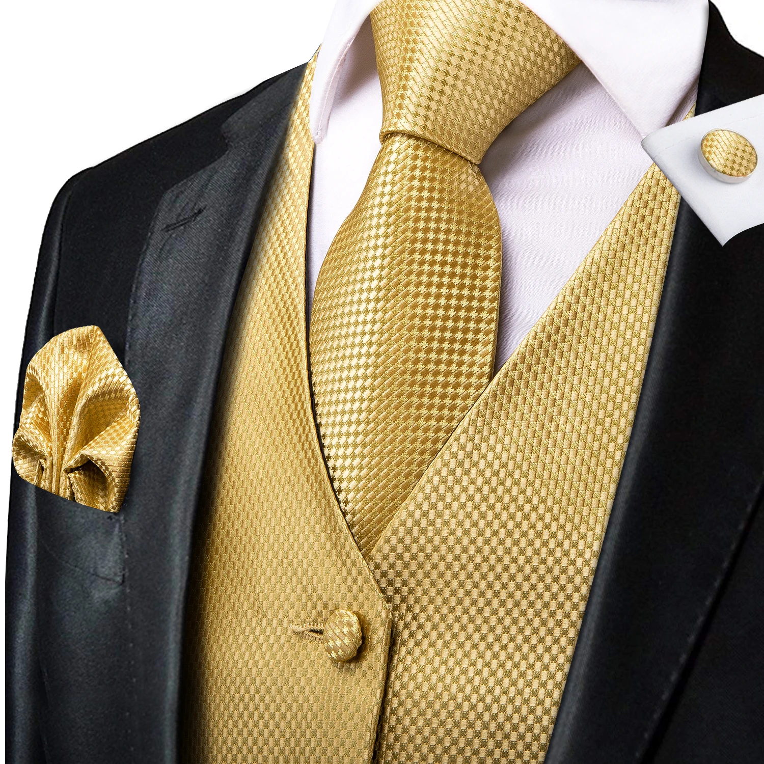 Gold Silk Men Vest Fashion Solid Waistcoat Neck Tie Handkerchief Cufflinks Brooch Set for Men Suit Wedding Party Designer Hi-Tie