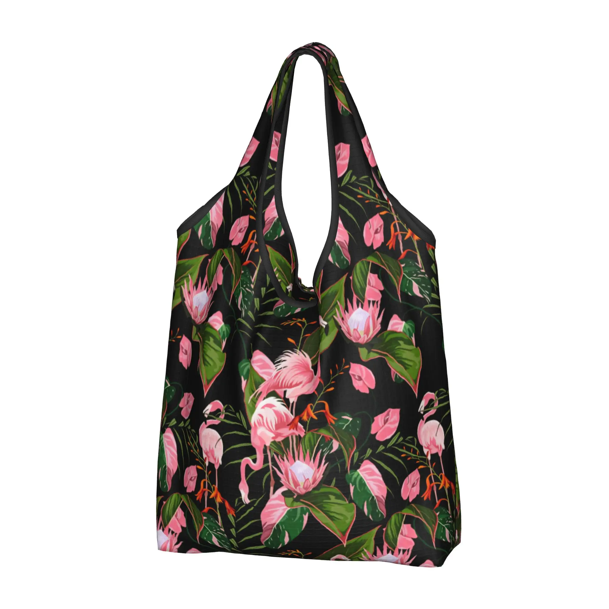 Custom Flamingo Hawaiian Style Palm Monstera Shopping Bag Women Groceries Tropical Plants And Flowers Shopper Tote Bags