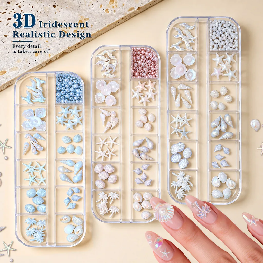 12 Grids/Box Conch Shell Coconut Tree Mermaid Tail Rhinestone Bowknot Christmas Snowflake Nail Art Accessory Decorations