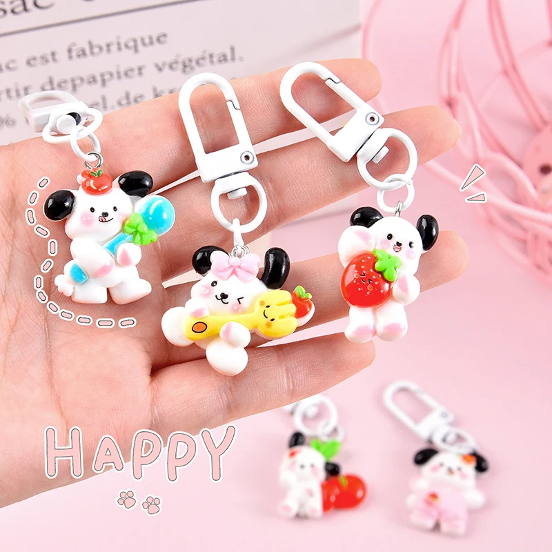 Cute Pochacco Keychain Cute Cartoon Strawberry Puppy Keyring Resin Key Holder School Bag Pendant For Best Friend Gifts