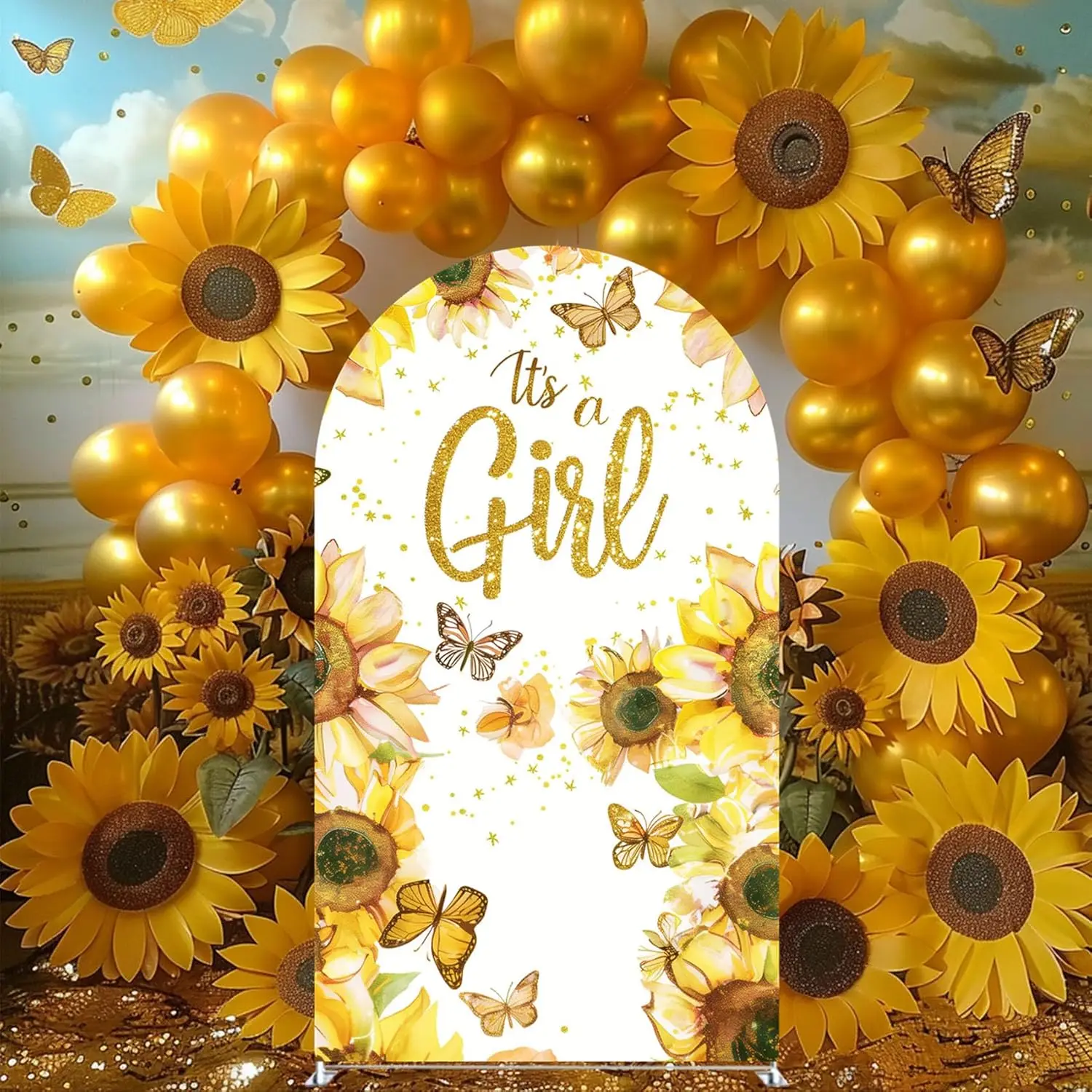 

Custom 2-sided It's a Girl Baby Shower Background Sunflower and Gold Butterflies 1st Birthday Photo Backdrop Chiara Arch Covers