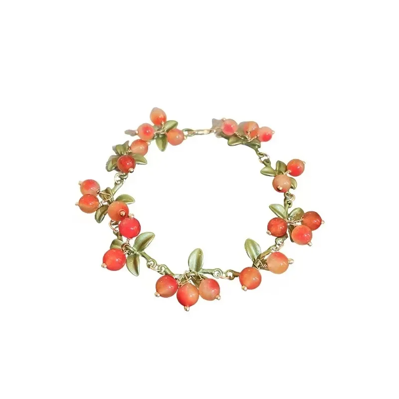 Birthday Jewelry Gift Sweet Orange Beaded Plant Leaves Bracelet Fruit Peach Red Cherry Bracelet Charm for Women Party