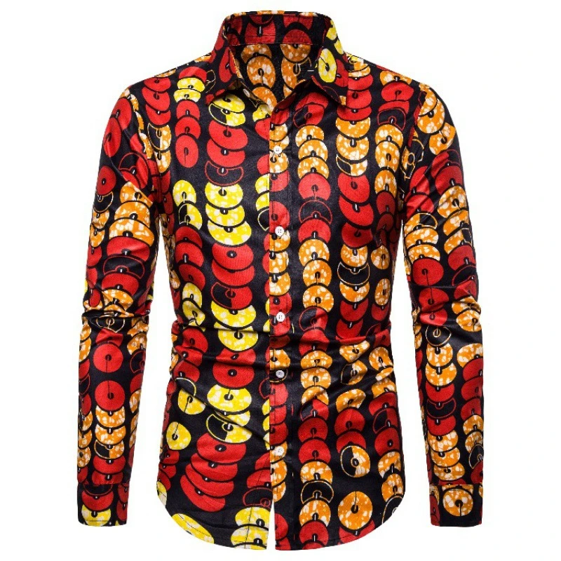 Men Long Sleeve Turn-down Collar Button-Up Shirt Ethnic Circle Geometric Print Casual Party Outfit For Male