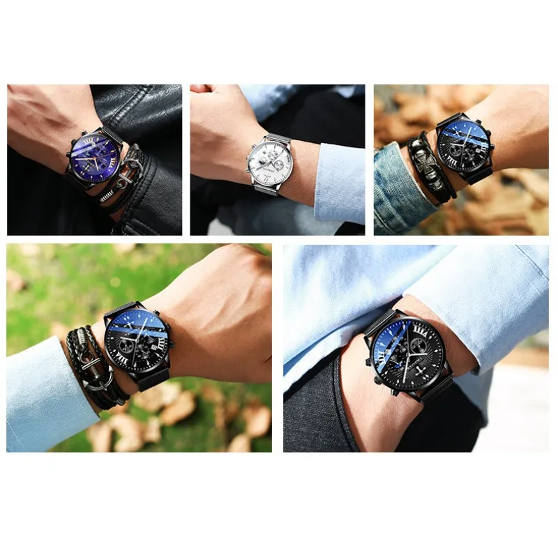 Men's Watch Steel Mesh With Luminous Men's Quartz Watch Calendar Cycle Moon Phase Waterproof Business Fashion Large Dial