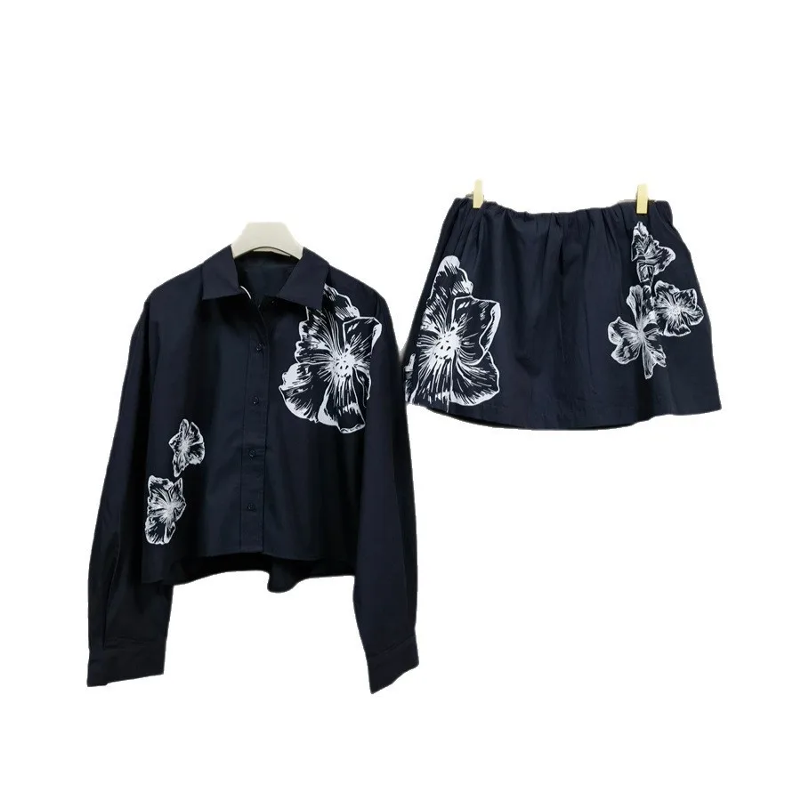 Romantic White Floral Print Shirt And Short Skirt Set Spring Summer Cotton Long Sleeve Turn-down Collar Korean Style Casual F... view 5