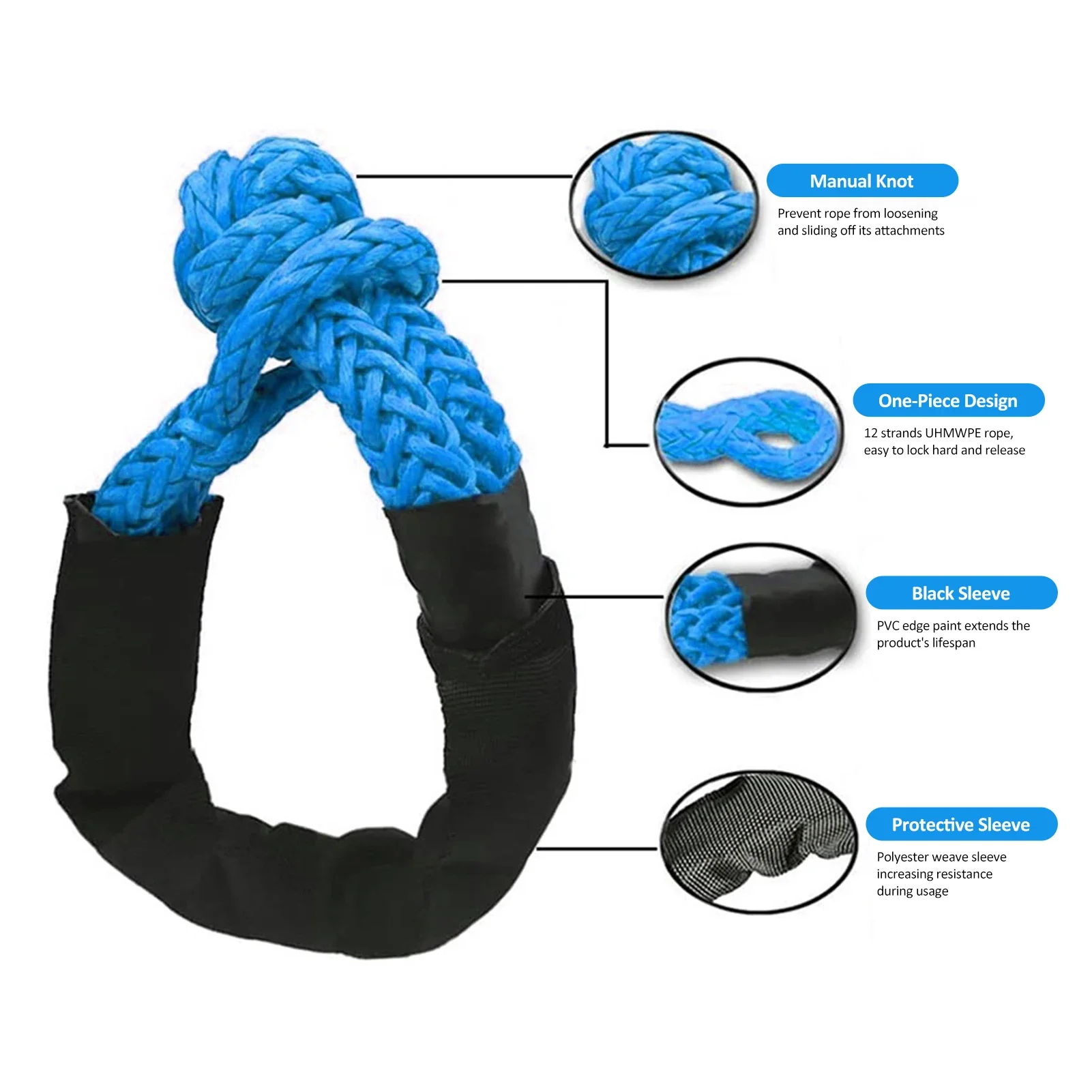 Synthetic Fiber Soft Shackle for Vehicle Recovery Off Road Towing Ropes Car Trailer Pull Rope with Protective Sleeve 38000 Lbs