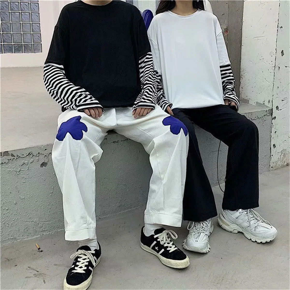 Camiseta de retazos a rayas para parejas a la moda, camisetas de otoño para hombres y mujeres, camiseta lisa de manga larga para niños, camiseta gótica japonesa japonesa