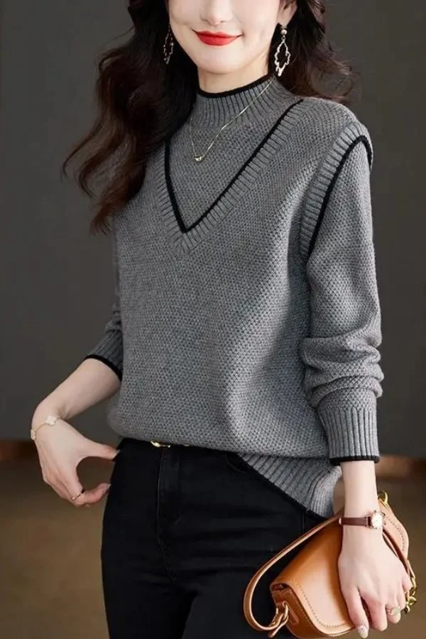 

Пуловер с полуводолазкой, искусственный свитер из двух частей для женщин, осень-зима 2022, новая модная универсальная нижняя рубашка