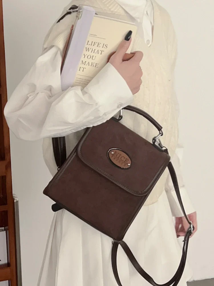 

Suede Retro Shoulder Bag Female 2024 New Niche Portable Commuter Bags Fashion Trend Schoolbag Simple Leisure Cowhide Backpack