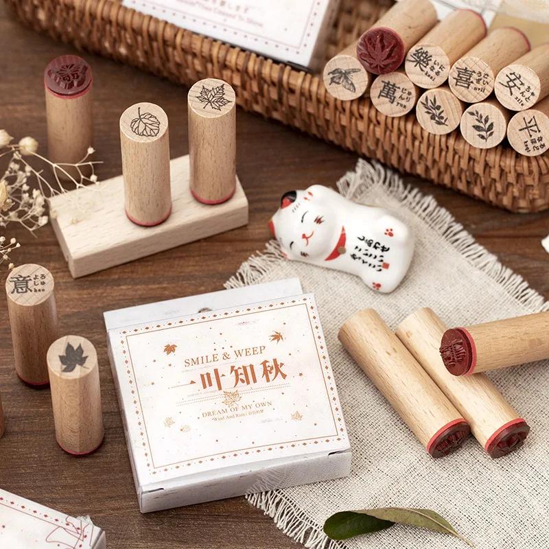Cute Mini Wooden Stamp Set Sakura Flower Leaf Butterfly Pattern for Scrapbooking Card Making Craft Supplies