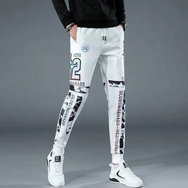 Men's Clothing White Casual Trousers Spring and Summer Trendy Printed Pants Bunched Feet Harem Pants Small Feet Sweatpants