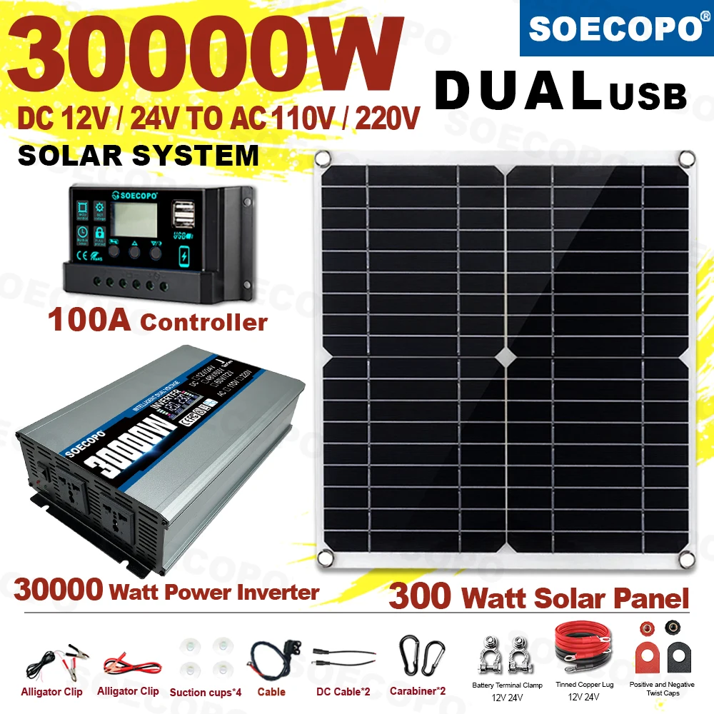

SOECOPO 30000W Portable Solar System Kit 300W Panel Inverter (2 Outlets Double DC 12V/24V To 110V/220V) 100A Controller Camping