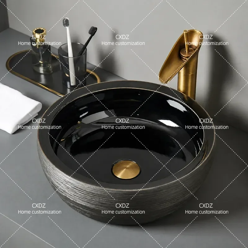 Retro Ceramic Wash Basin Outer Brushed Inner Glaze Art Stage Basin Antique Household Retro Washbasin