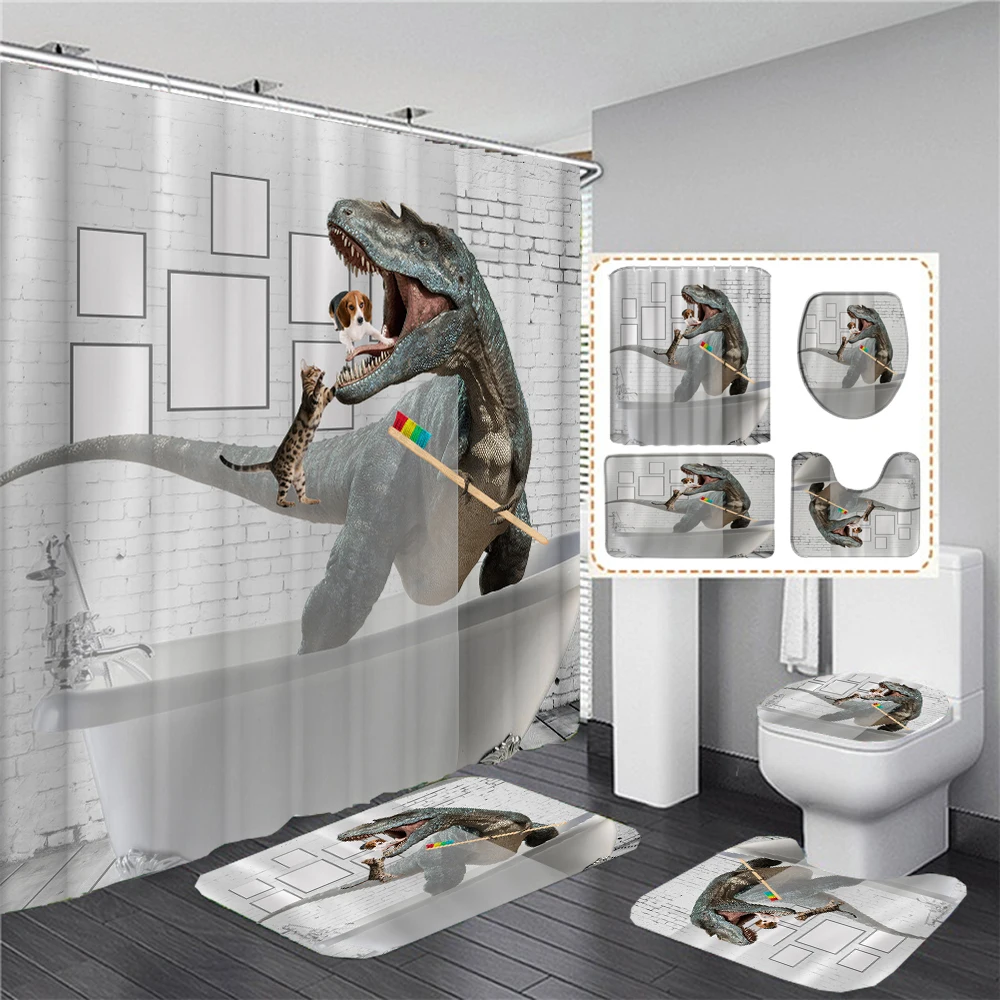 

Funny Bath Dinosaur Animal Printed Shower Curtain Set Bathroom Bathing Screen Anti-slip Toilet Cover Carpet Rugs Kitchen Decor