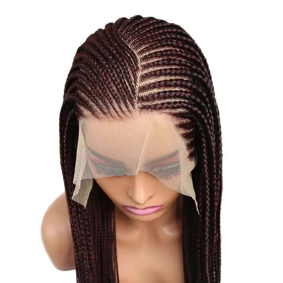 Perruque Lace Frontal Wig synthétique tressée bordeaux ombré 13x6, couleur 99J, perruque Lace Front Wig tressée Cornrow, perruque tressée rouge vin