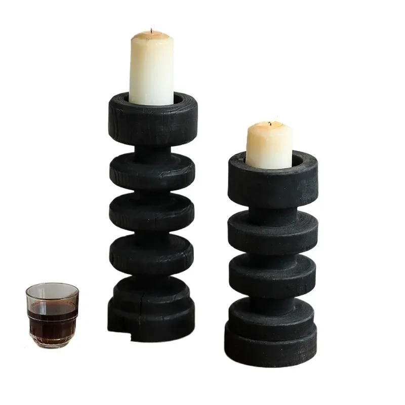Wabi-sabi black threaded solid wood candlestick ornament, retro and old-fashioned home decoration