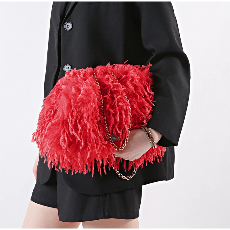Lockige, flauschige Kunstfeder-Plüsch-Umhängetasche mit Kette, Damen-Clutch mit Falten-Design für Partys und Abendveranstaltungen, Herbst/Winter – Detail 10