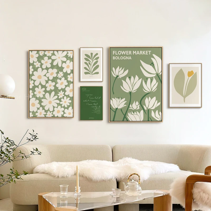 

Nordic Green Floral Canvas Prints Flower Market Bologna Wall Art Set for Living Room Bedroom Decor Leaf And Flower Theme