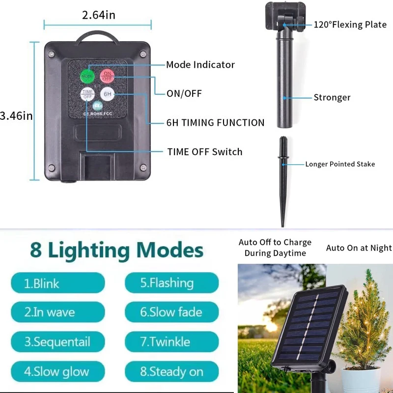 Guirxiété lumineuse solaire étanche, minuterie à 8 modes, lumière féerique pour cour, fête d'arbre de Noël, décoration de jardin