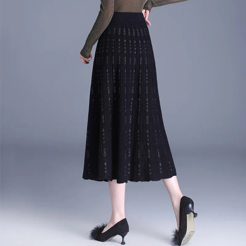 #1665 Black Office Knitted Skirt Women Stretch Knitwear A-line Skirt Ladies Elastic High Waist Office Skirt Female Loose Pleated