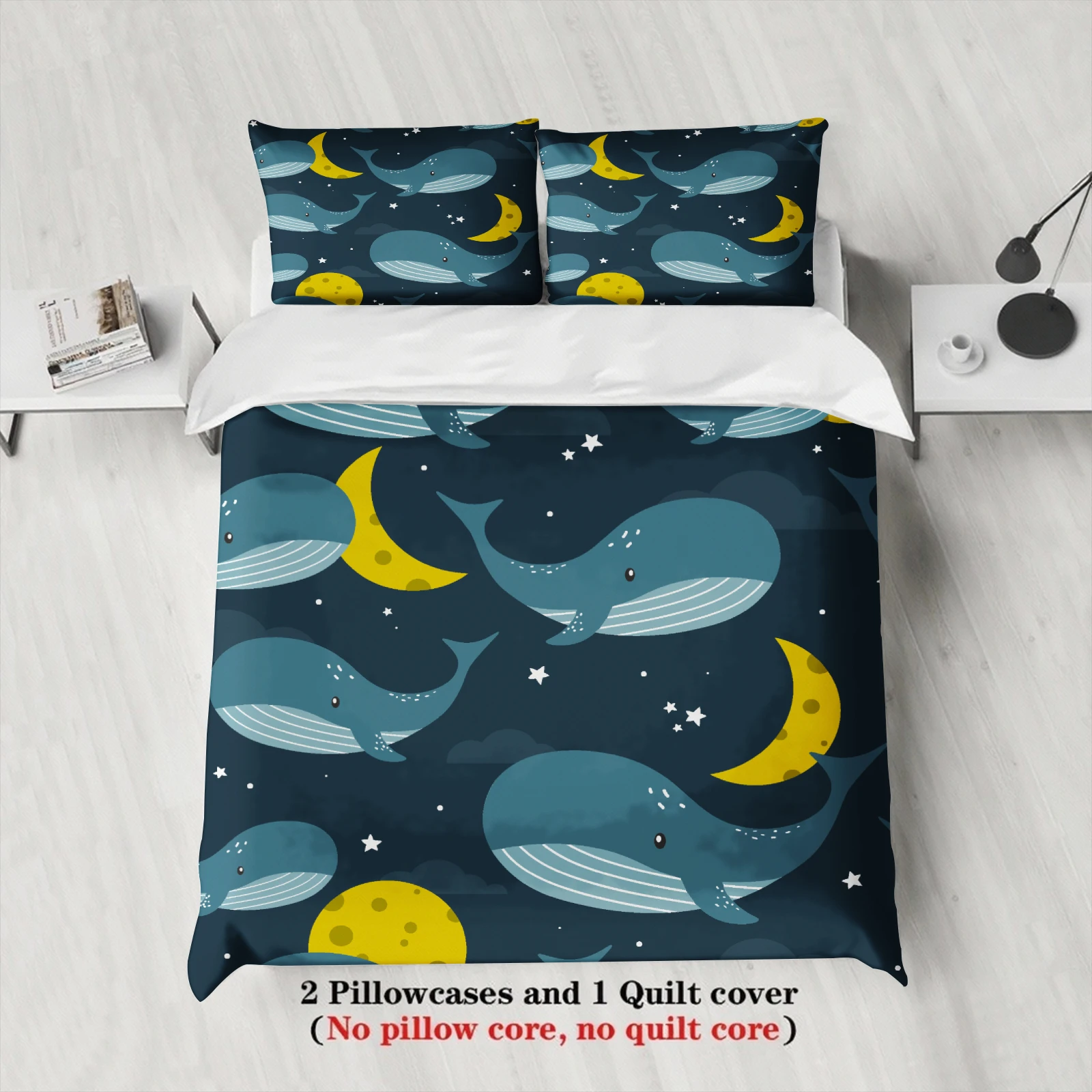 3pcs Whale And Moon Bedding Sets Minimalist Style 3D Printed Ocean Night Sky Duvet Cover Sets With Pillowcases No Comforter