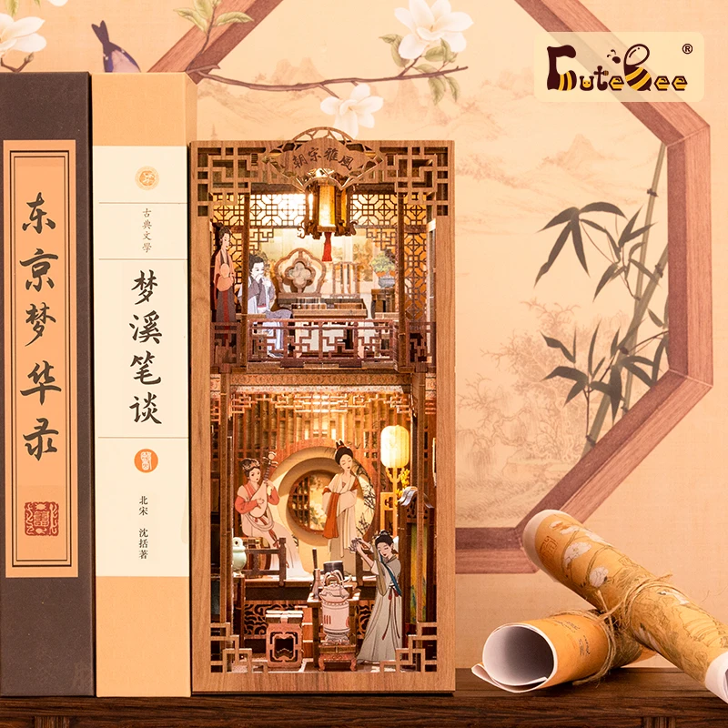 CUTEBEE DIY Book Nook Kit Mini House with Furniture Touch Light Elegant Song Dynasty Chinese Culture 3D Bookend for Adult Gifts