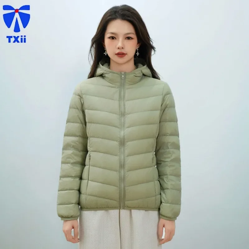 TXii New Fashion 2024  Hooded Women's New 90 White Duck Down Solid Color Women's Crewneck V-Neck Simple Long Sleeve Down Jacket