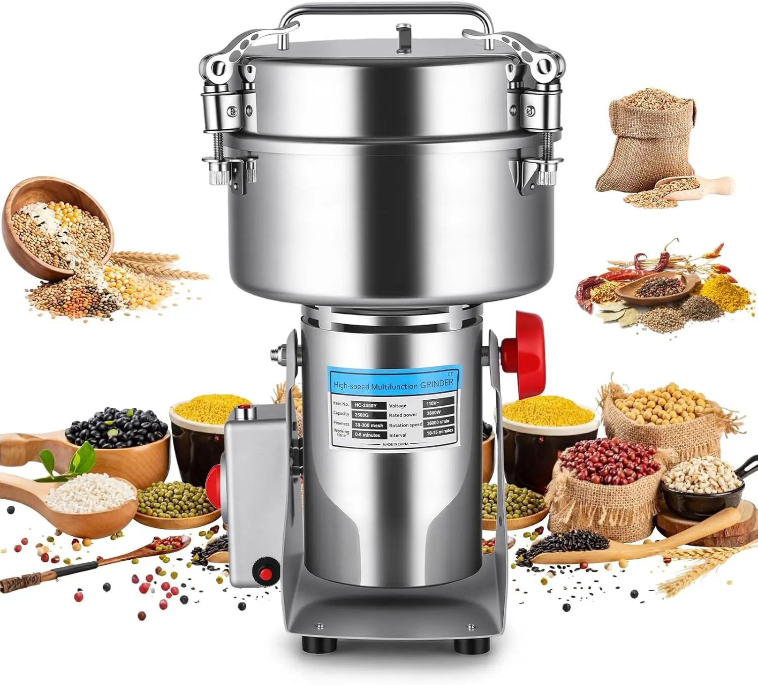 

Powerful 3600W Grain Mill Grinder - 2500g Stainless Steel, 36000 RPM Triple-Blade System, 270° Swing for Easy Flour Making