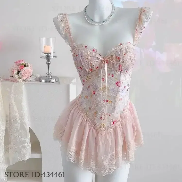 Young Girl's Suspender Nightgown Intimate Lingerie Sweet Mesh Ballet Night Dress Sleepwear Sexy Perspective Lace Nighty Homewear