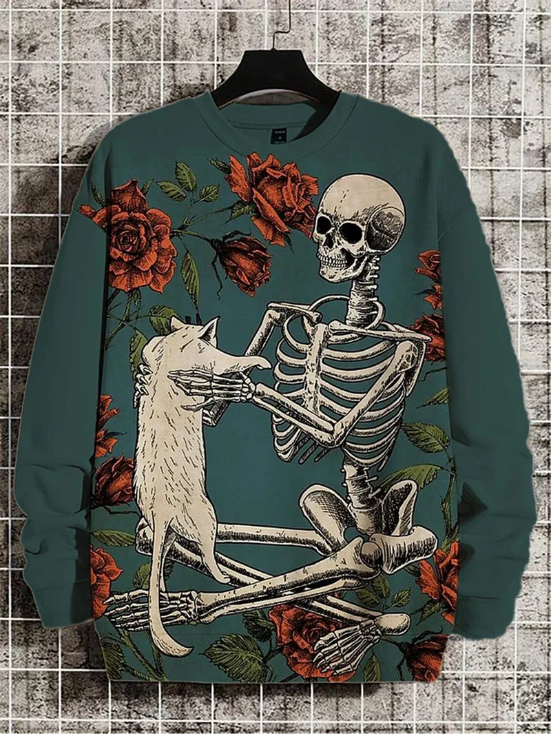 

3D Cat Printed Long Sleeve Hoodie For Men Autumn Men Round Neck Oversized Skull Pattern Sweatshirt Fashion Unisex Clothing Tops