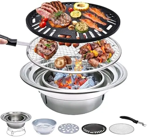 

Korean Charcoal Grill 13.8" Stainless Steel Tabletop BBQ for Outdoor Camping & Backyard