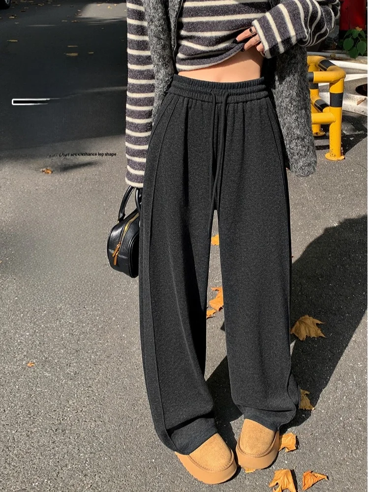 Wełniane spodnie sportowe damskie jesienno-zimowe z wysokim stanem, szerokie nogawki, miękkie, zwiewne, typu ryżowa makaronica.