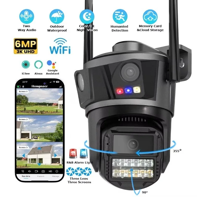 STLF 6MP 3k Human Detection Outdoor 360 Degree Wireless PTZ Came'ra ICSee 3 Lens Home Wireless CCTV Surveillance Security