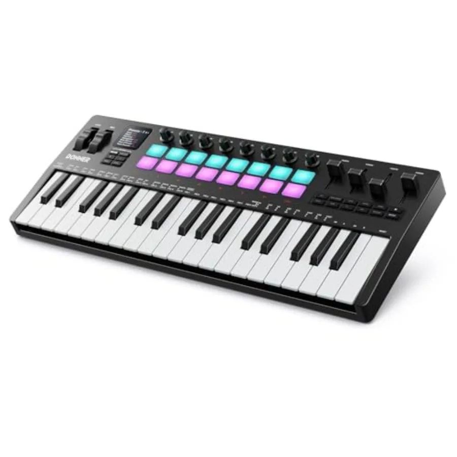 Portable 37-key MIDI keyboard controller for music production, ABS plastic body in black, featuring 128 built-in voices, 16 dru